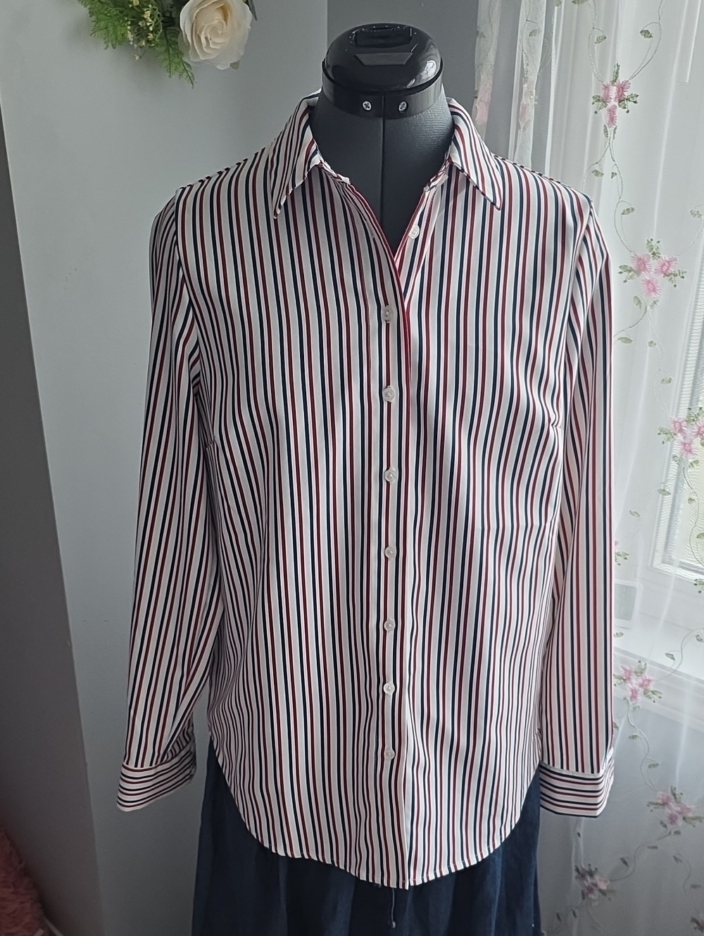 cleo Women's Vertical Stripe Button-Up Blouse in White, Navy & Red